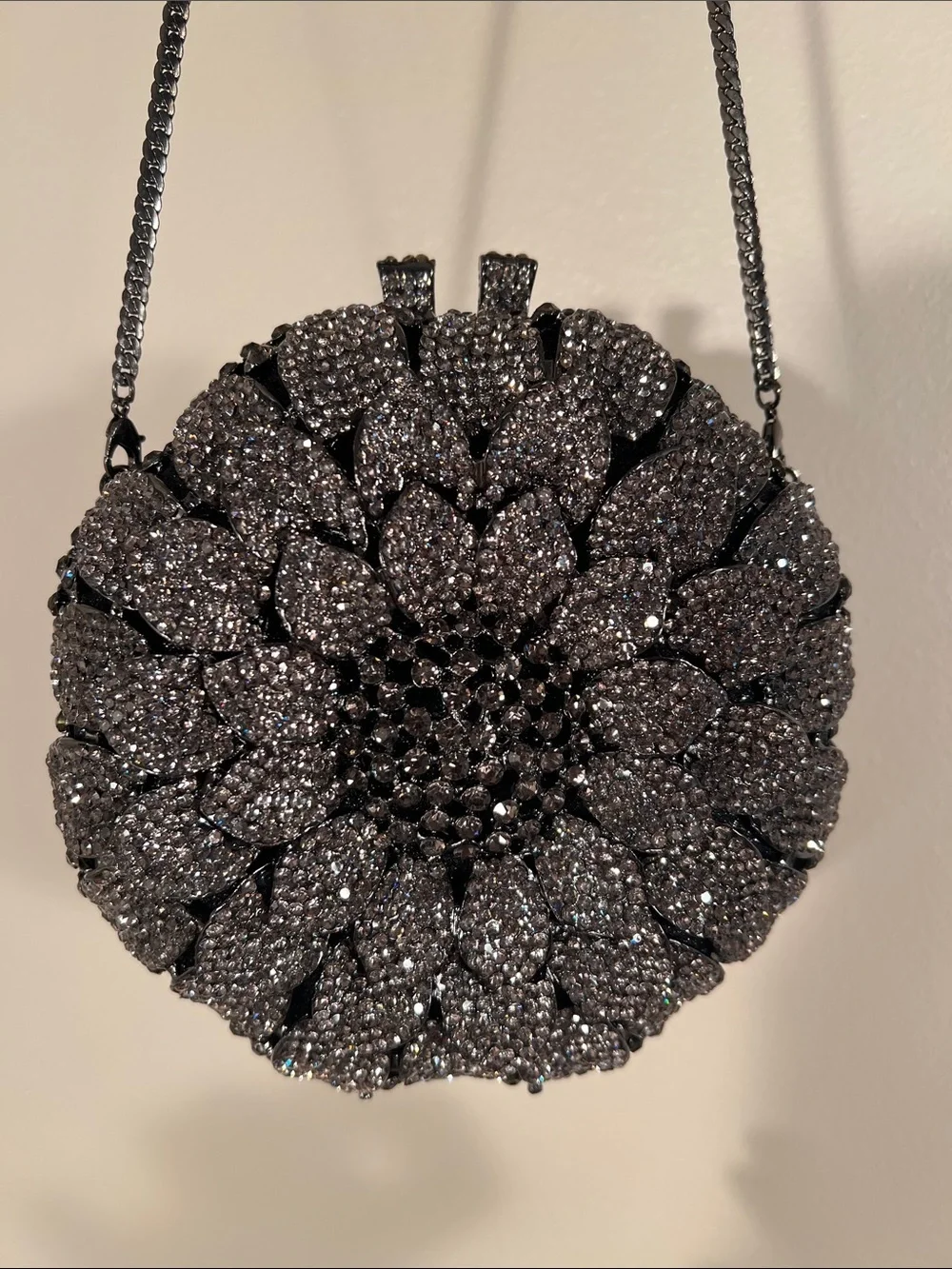 NWT Off Park Collection Designer Gun Metal Crystal Flower Evening Bag Clutch 6”